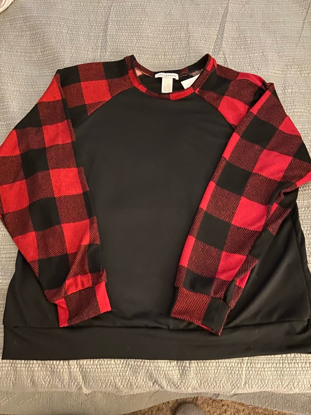 Women’s Black Sweater with Red Buffalo Plaid Sleeves